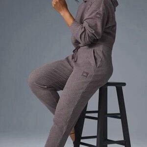 ALO Yoga Muse Set Ribbed Knit Hoodie & Joggers Set in Mauve Taupe